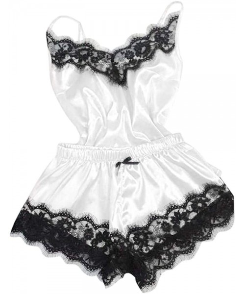 Sets Women's Silky Lace Pajamas Sleepwear Sexy Lace Lingerie Camisole Shorts Set Babydoll Nightdress - White - CP18M9K83GQ