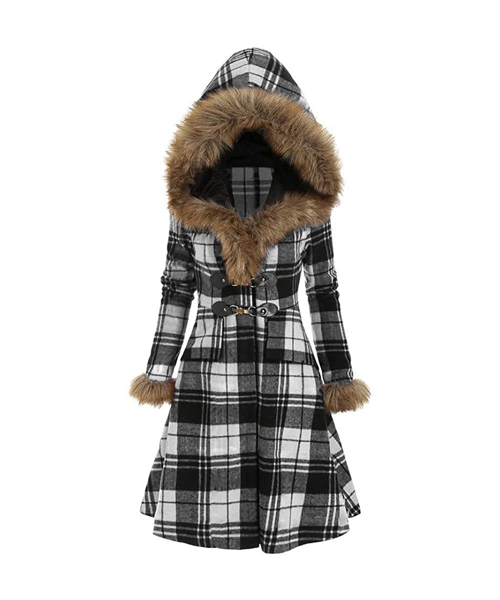 Nightgowns & Sleepshirts Women Plaid Coats Winter- Womens Warm Long Coat Faux Fur Collar Hooded Jacket Slim Parka Outwear - W...