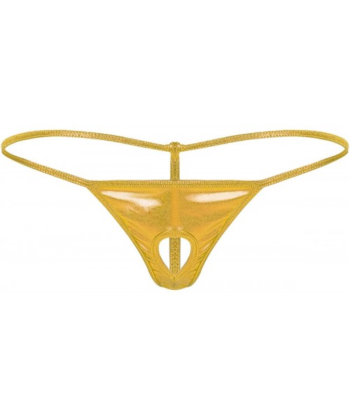G-Strings & Thongs Men's Shiny Metallic Low Rise T-Back Bikini Briefs Front Hole Wet Look G-String Underwear - Deep Gold - CW...