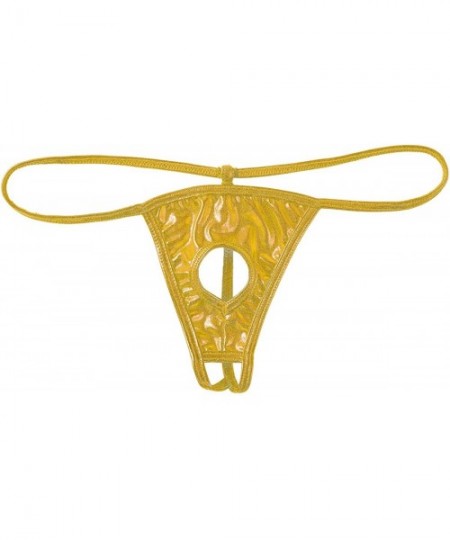 G-Strings & Thongs Men's Shiny Metallic Low Rise T-Back Bikini Briefs Front Hole Wet Look G-String Underwear - Deep Gold - CW...