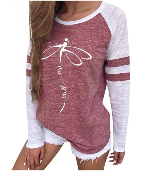 Tops Long Sleeve Tee Blouse Women- Amiley Women Dragonfly Print Color Block Striped Causal Long Sleeve T Shirts Casual Tops T...