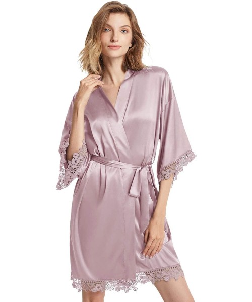 Robes Women's Lace Trim Kimono Robe Nightwear Nightgown Sleepwear Satin Short Robe - Mauve Mist - CA18A4TI8IW