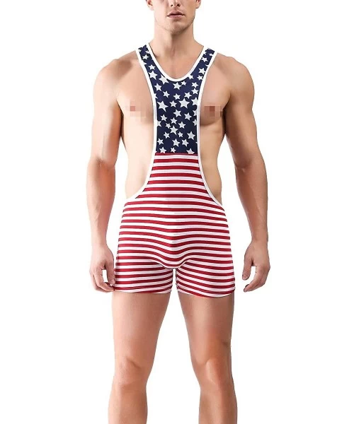 Boxers Men's Bodysuit Funny Lingerie Camouflage- Stripes- USA National Flag- Solid Color Leotard - Creative Stars and Stripes...