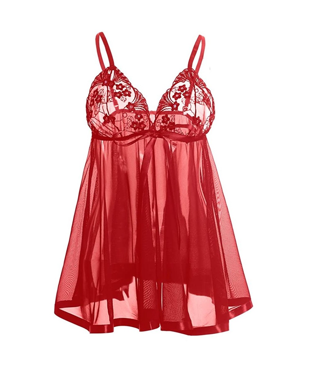 Baby Dolls & Chemises Women Sexy Babydoll Lingerie Set with Sequins - Red - CZ128TCZUVL