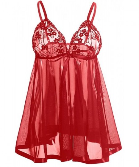 Baby Dolls & Chemises Women Sexy Babydoll Lingerie Set with Sequins - Red - CZ128TCZUVL