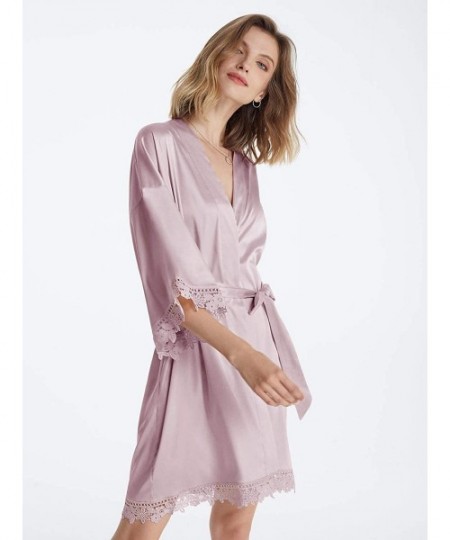 Robes Women's Lace Trim Kimono Robe Nightwear Nightgown Sleepwear Satin Short Robe - Mauve Mist - CA18A4TI8IW