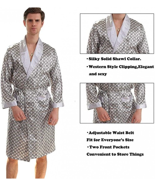 Robes Mens Satin Robe Lightweight Silk Spa Bathrobe Nightgown Long Sleeve House Kimono Printed Bathrobe - Silver Grey - C518I...
