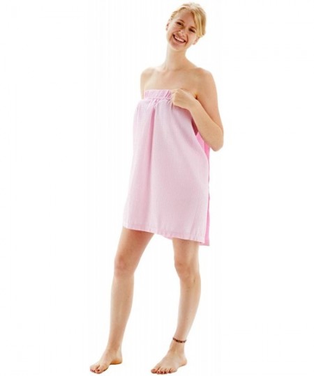 Robes Women's Spa/Bath Lightweight-Knee Length Waffle Body Wrap with Pocket and Easy Adjustable Closure - Pink - C3195E76HQI