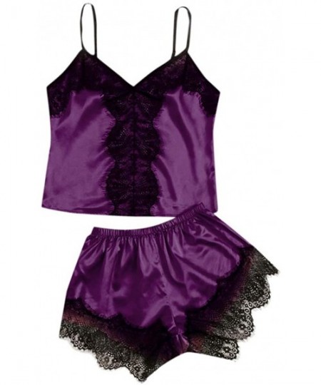 Baby Dolls & Chemises Women Sexy Sleepwear Women Sleeveless Nightwear Strap Lace Trim Satin Cami Top Pajama - Purple - CF1942...