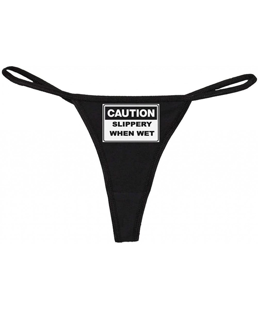 Panties Women's Rude Slippery When Wet Fun Sexy Thong - Black/White - CQ11UPMEENJ