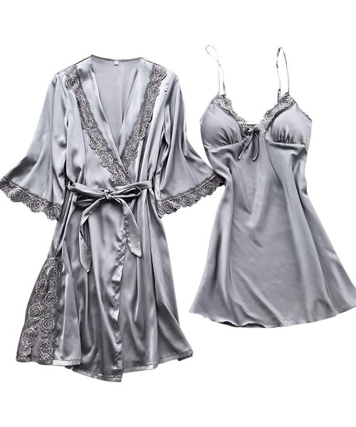 Robes 2PC Sexy Sleepwear Lingerie Lace Temptation Bathrobe with Belt Nightdress Robe for Women - Gray - C6198HMHIH9