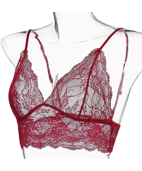 Bras Women's Lace Bralette Sexy Low-Cut Sheer Non Padded Wirefree Unlined Triangle Bra - Wine - CM18AKO2849
