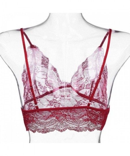 Bras Women's Lace Bralette Sexy Low-Cut Sheer Non Padded Wirefree Unlined Triangle Bra - Wine - CM18AKO2849