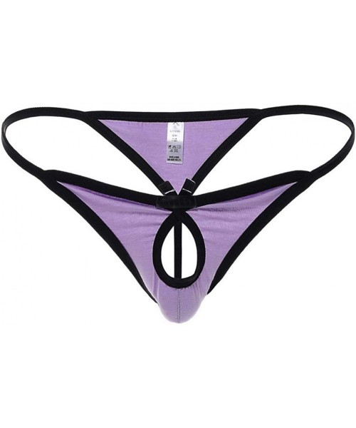 G-Strings & Thongs Men's Open Front Hollow Out Low Rise Cotton Thong Brief Underwear Sheer Panties - Violet - CN18QRN5059