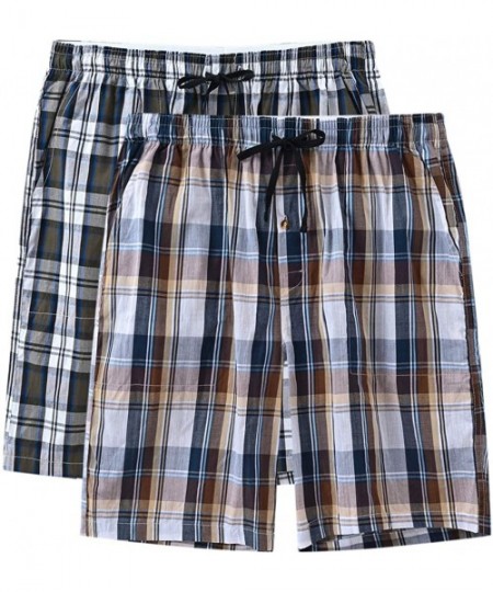 Sleep Bottoms Men's 2 Pack Pajama Shorts Elastic Waist Lounge Sleep Shorts with Pockets - Grey Plaid/Brown Plaid - CE18TECESUM