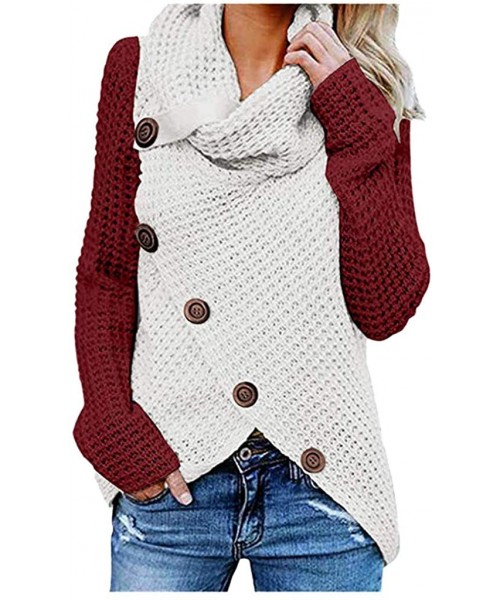 Tops Womens Cowl Neck Knit Sweater Button Up Pullover Tunic Asymmetrical Fall Sweatshirt Top - Button - Wine Red - CR18AOYNW6G