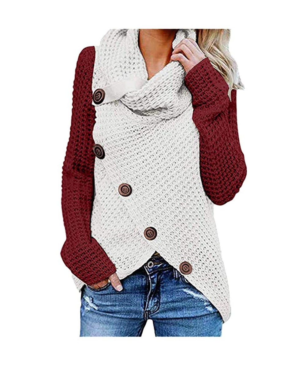 Tops Womens Cowl Neck Knit Sweater Button Up Pullover Tunic Asymmetrical Fall Sweatshirt Top - Button - Wine Red - CR18AOYNW6G