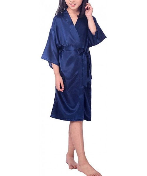 Robes Children Girl Pure Color Nightgown Lingerie Kimono Robes Pajamas Underwear with Oblique V-Neck - Dark Blue - CS194IYALCL
