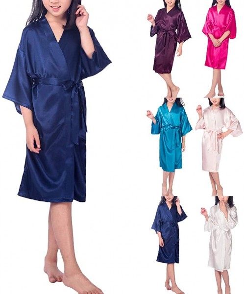 Robes Children Girl Pure Color Nightgown Lingerie Kimono Robes Pajamas Underwear with Oblique V-Neck - Dark Blue - CS194IYALCL