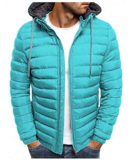 Sleep Tops Men's Winter Thicken Cotton Coat Puffer Zipper Jacket with Packable Light Quality Hooded Coat - Light Blue - C9193...