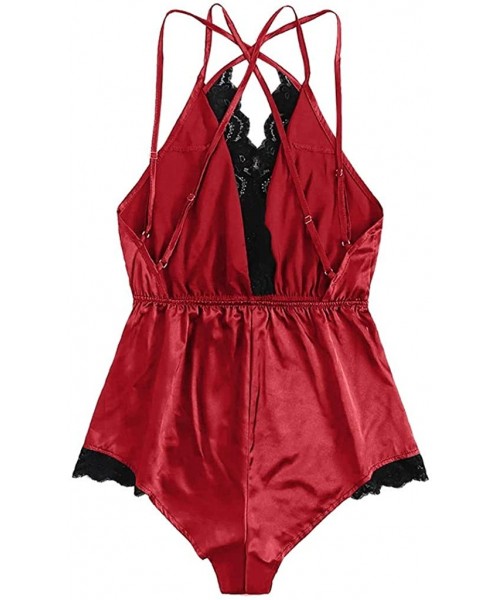 Baby Dolls & Chemises Women Satin Silk Sexy Comfy Lingerie Bodysuit One Piece Babydoll Short Jumpsuit Nightwear - Red - CY197...