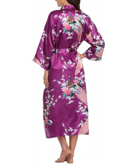 Robes Women's Long Satin Kimono Robes Pure Color Silk Kimono Bathrobes with Oblique V-Neck for Wedding - Aubergine-1 - CS12D9...
