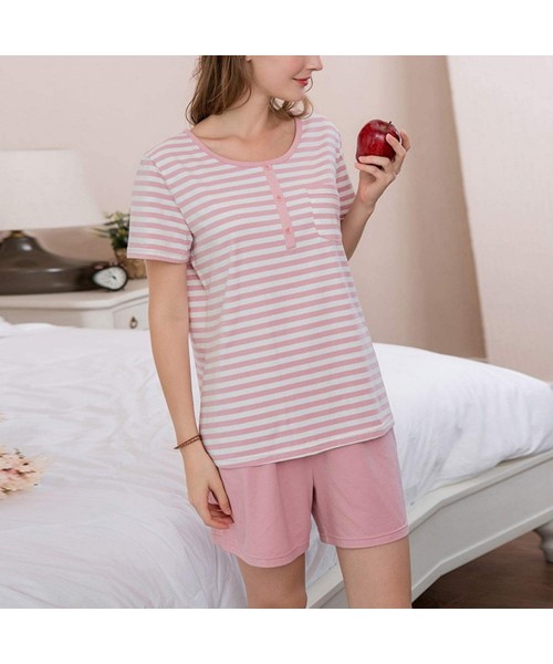 Sets Women's Stripe Pajamas Set Cotton Pockets Short Sleeves 2 PCs Panties Top Loungewear - Pink - CH18WAGG0ZT