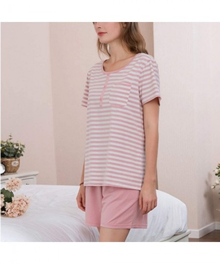 Sets Women's Stripe Pajamas Set Cotton Pockets Short Sleeves 2 PCs Panties Top Loungewear - Pink - CH18WAGG0ZT