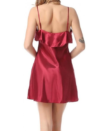 Nightgowns & Sleepshirts Women Sling Summer Ruffle Pure Colour Silky Sexy Charmeuse Sleep Dress - Wine Red - CS199SNNKDG