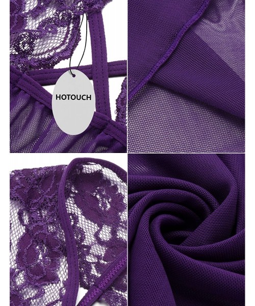 Baby Dolls & Chemises Lingerie for Women Lace Babydolls Sexy Lingerie Mesh Chemise Bodysuit Sleepwear S-XXL - Purple - C312I4...