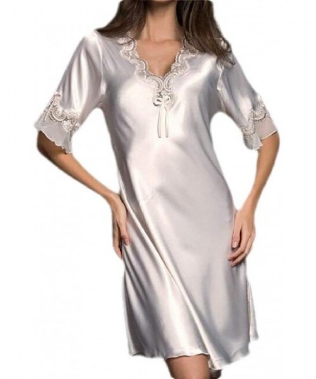 Nightgowns & Sleepshirts Summer Short Sleeve Plus Size V Neck Lace Satin Sleepwear Nightgown - One - CV19DO4NRC4