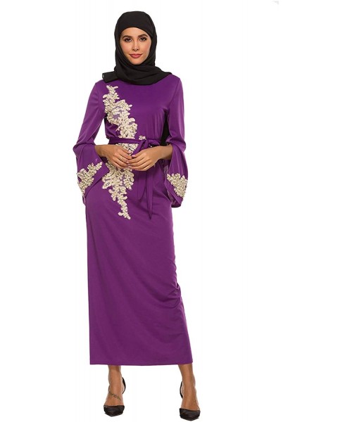 Robes Elegant Muslim Dress Dubai Kaftan Women Long Sleeve Arabic Dress Abaya Islamic National Robe - Purple - C0197AKD2HL