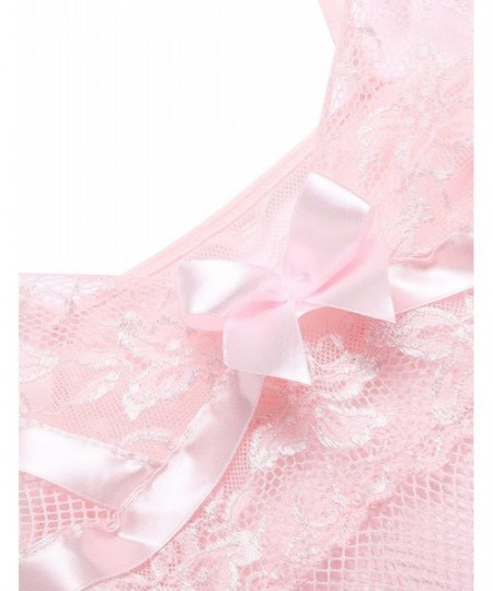 Baby Dolls & Chemises Women Lingerie Mesh Chemise Babydoll Mini Dress + Thong Set 2 Pieces Lace Nightwear - Pink - CF182KSIIDC