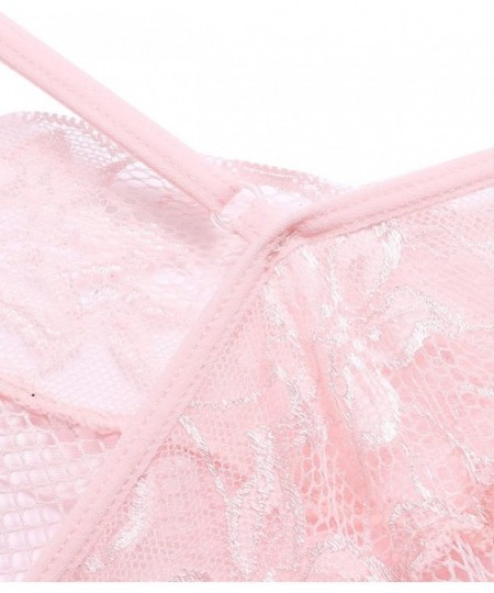 Baby Dolls & Chemises Women Lingerie Mesh Chemise Babydoll Mini Dress + Thong Set 2 Pieces Lace Nightwear - Pink - CF182KSIIDC