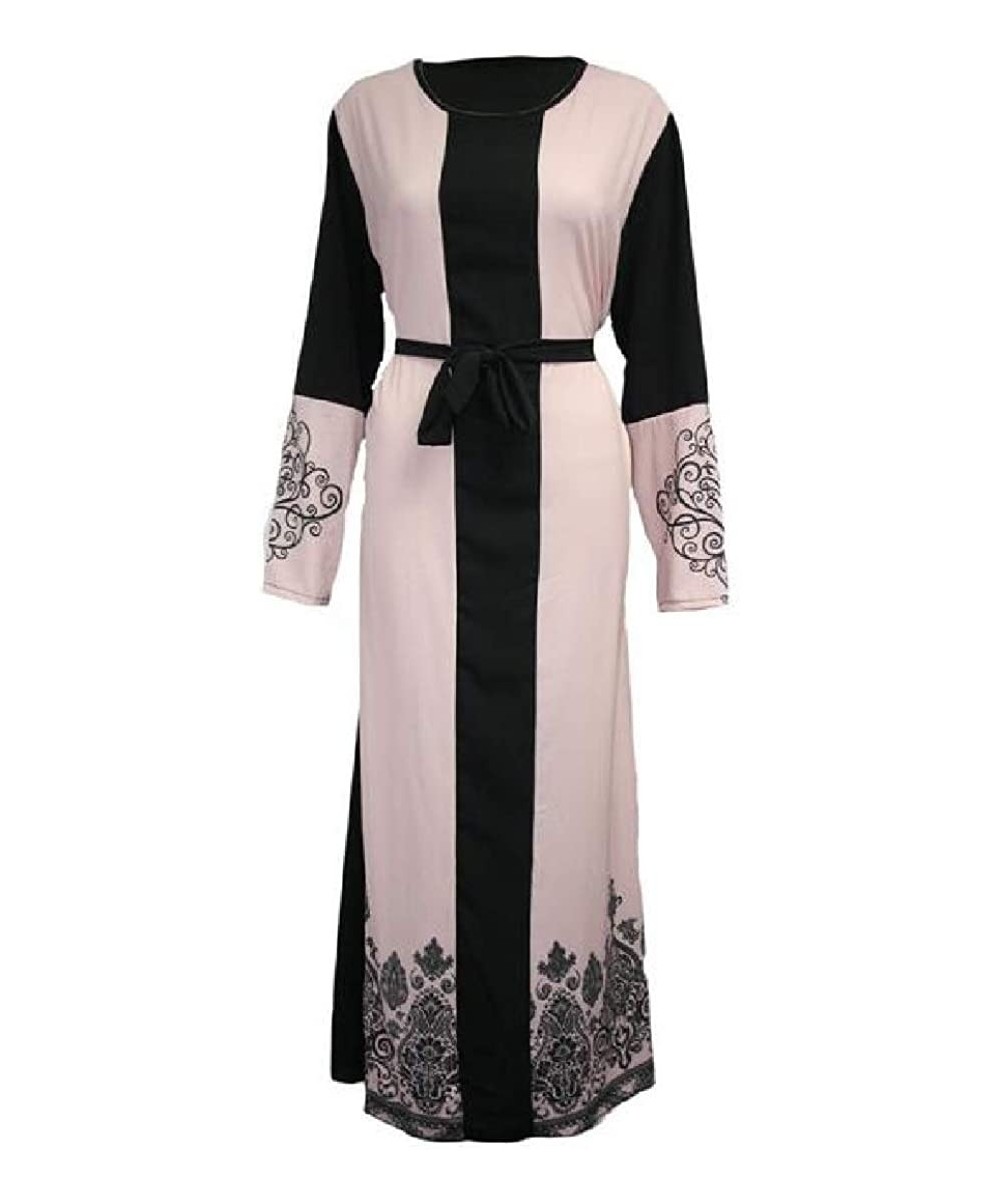 Robes Women Casual Flower Print Long Sleeve Islamic Muslim Abaya Robe Maxi Dress - Pink - CI198RXOHKN