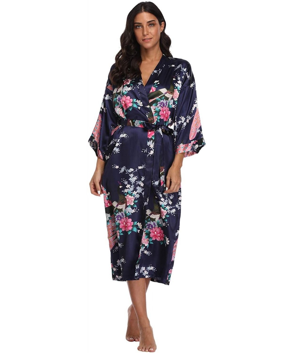 Robes Women's Floral Long Kimono Robes Satin Dressing Gown Peacock Blossoms - Navyblue - CH1923RSEHM