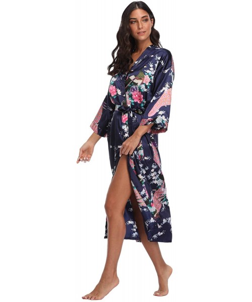 Robes Women's Floral Long Kimono Robes Satin Dressing Gown Peacock Blossoms - Navyblue - CH1923RSEHM