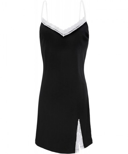 Nightgowns & Sleepshirts Women Sexy Cotton Sleepwear Full Slip Lace Neck Chemise Nightgown - Black - CU12HDI0RIN