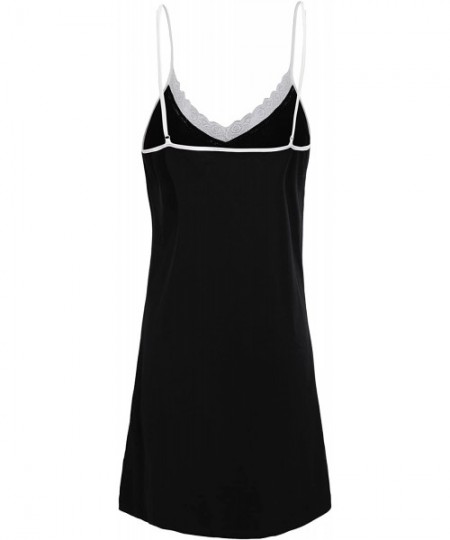 Nightgowns & Sleepshirts Women Sexy Cotton Sleepwear Full Slip Lace Neck Chemise Nightgown - Black - CU12HDI0RIN