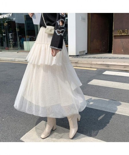 Slips Womens Tulle Skirt Mesh High-Waist Asymmetry Mid-Length Puff Flowy Petticoat Skirt Ball Gown - Beige - CA193XTQCY5