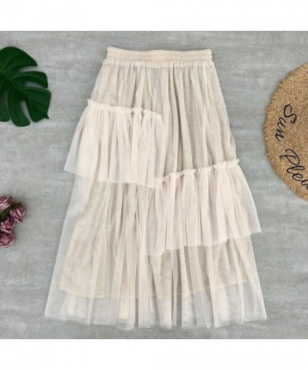 Slips Womens Tulle Skirt Mesh High-Waist Asymmetry Mid-Length Puff Flowy Petticoat Skirt Ball Gown - Beige - CA193XTQCY5