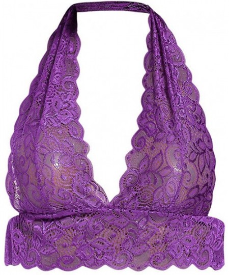 Bras Women's Spandex Camisole Deep V Hollowing Out Bra Sexy Lingerie Lace Bras Underwear - Purple - CU197EWH83T