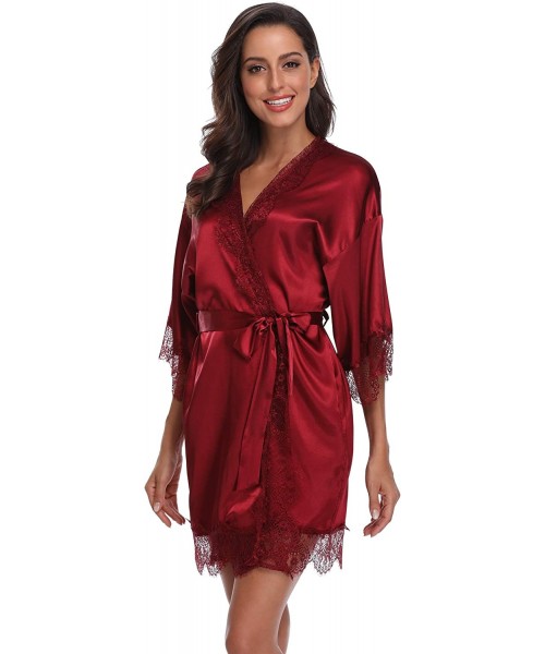 Robes Women's Satin Kimono Robes with Lace Sexy Lingerie Bath Robes Short Bridesmaids Nightwear with Pockets - Red - C818I3CTU3M