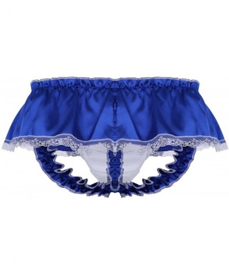 Briefs Men's Satin Ruffled Lace 3 Bum Straps Bikini Briefs Skirted Panties Crossdress Underwear - Blue - CX19DSR6WA4
