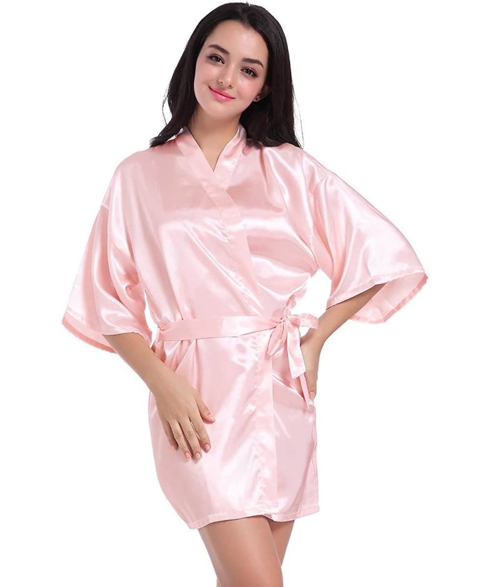 Robes Women's Kimono Robes Satin Nightdress Pure Colour Short Style with Oblique V-Neck - Pink - C812M0KR2SR