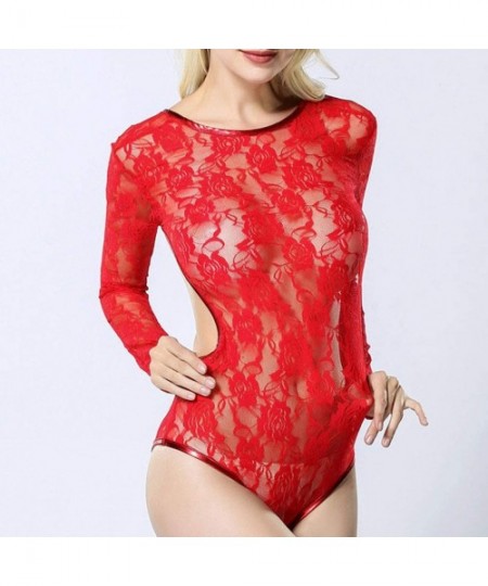 Baby Dolls & Chemises Women Lace Sexy Pajamas See Through Lingerie Jumpsuit One-Piece Garment Underwear - Red - C41955MCMIL