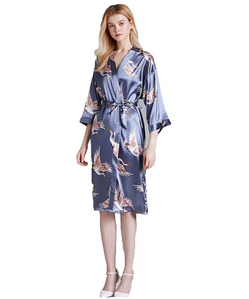 Robes Women Kimono Robes Nightwear Bride Sleepdress Sleepwear Satin Bathrobe Gown - Blue - C51960Z50UQ