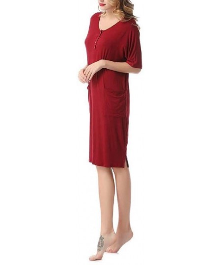 Nightgowns & Sleepshirts Women's Casual Loose Round Neck Solid Everyday Buttoned Nightgown - Wine Red - C51900IXXLL