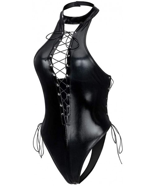 Accessories Women Sexy Bodysuit Artificial Leather Lingerie Elastic Bandage Sleepwear Underwear - Black - C51987ZUWKU