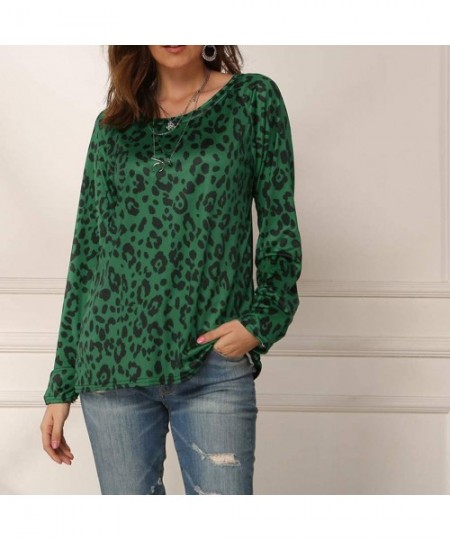 Tops Leopard Print Blouse Women Loose Casual Long Sleeve Plus Size O Neck Printed T Shirts - Green - C7195H4LNE4